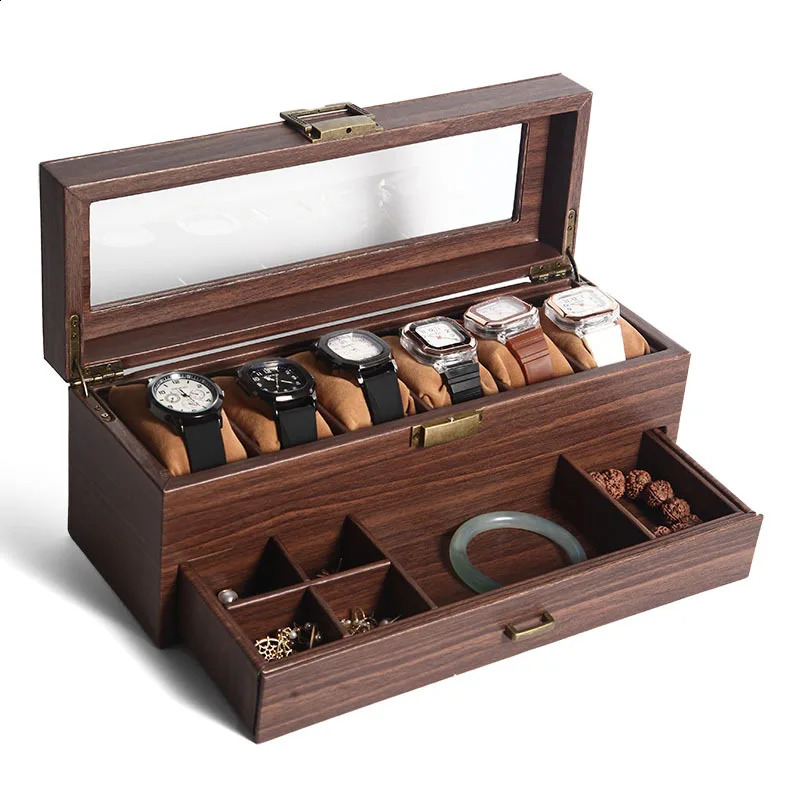 Wood Grain Leather 6-position Watch Storage Box Watch Box Double-layer Collection and Storage Jewelry Box 250424