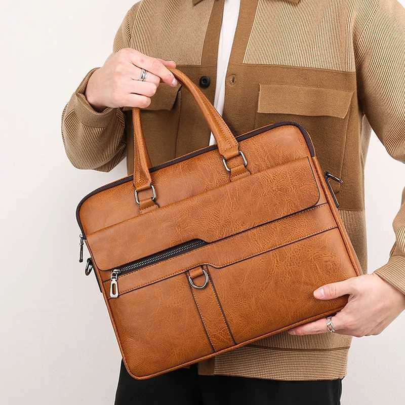 Mens Briefcase PU Leather Handbag Executive 14 Inch Laptop Document Shoulder Business Vintage Messenger Designer Lawyer BagT251125