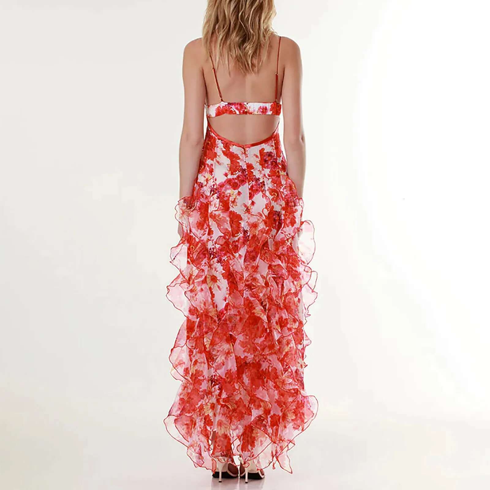 Dongdumaoyi Women S Floral Print Strap Dress Chiffon Fairy Evening Party Gown Ruffled Split Long Prom Dresses Backless Sleeveless Maxi