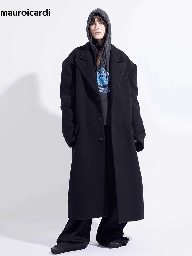 Mauroicardi Autumn Winter Cool Oversized Long Warm Black Woolen Coat Men Luxury Designer Clothes Wool Blends Overcoat 2024T251125