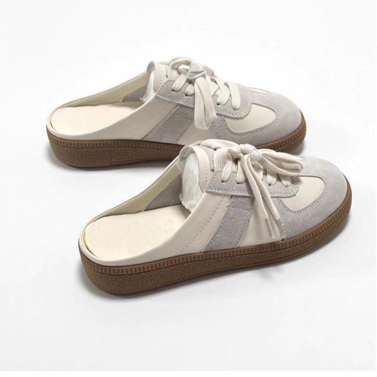2025 summer new fashionable casual board shoes women slip on backless shoes apricot color silver