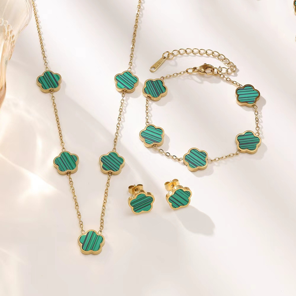 Trendy Five-petal Flower Five-leaf Clover Shell Bracelet Earrings Necklace Stainless Steel 3pcs set for woman Stylish Accessories Party Designer Jewel