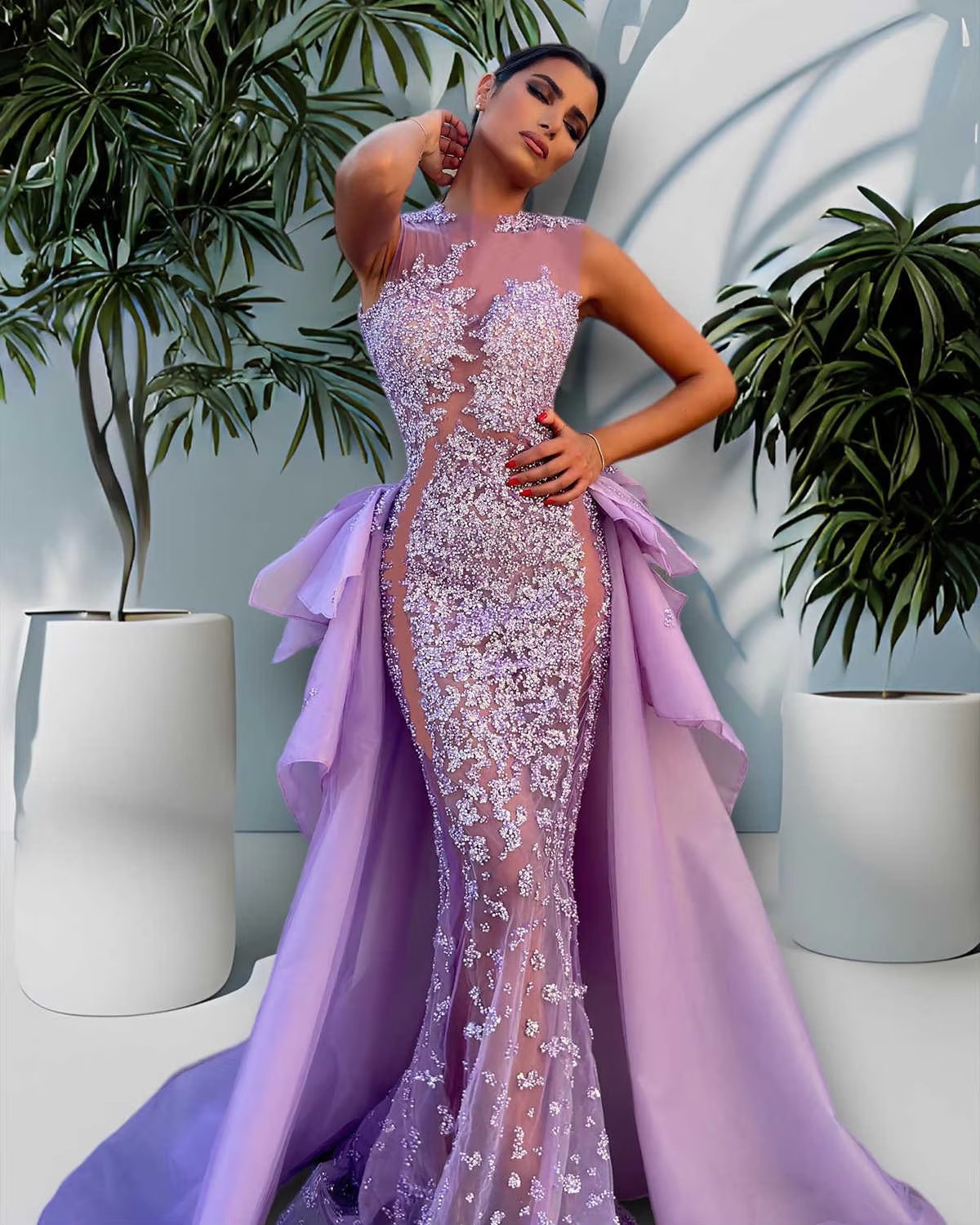 Delicate Lavender Purple Evening Dresses With Detachable Skirt Mermaid Jewel Neck Appliques Sequins Prom Dress Vestido De Noite Customized N25