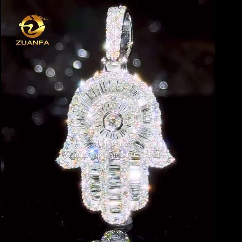 Lucky Charm Custom Baguette Diamond Moissanite Hamsa Hand Pendants Fatima Hand Iced Out Jewelry Gift for Girlfriend