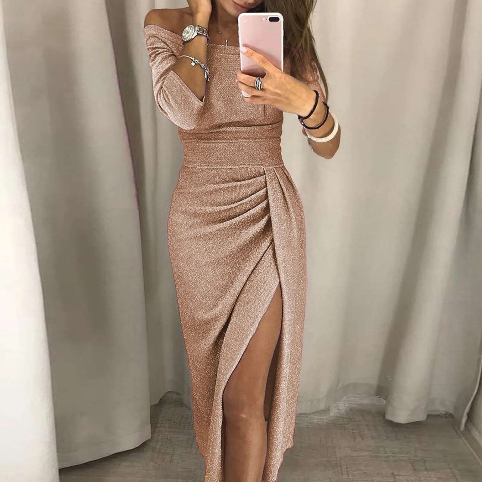 Dongdumaoyi Elegant Asymmetrical Split Pencil Dresses Women S Sexy Off Shoulder Long Sleeve Bodycon Evening Party Dress Prom Club