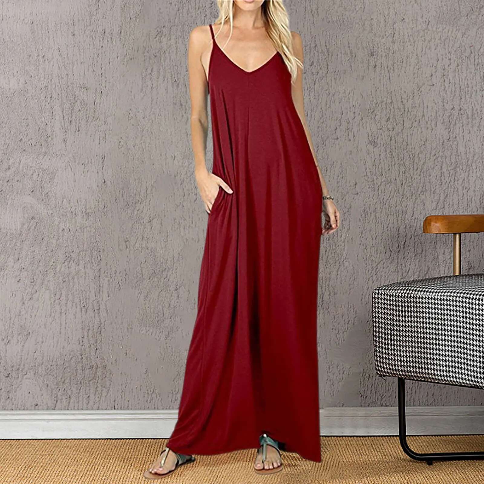 Dongdumaoyi Women S Solid Color Loose Pocket Long Skirt Vest Dress Sexy Suspender Womens Summer Slingback Dresses
