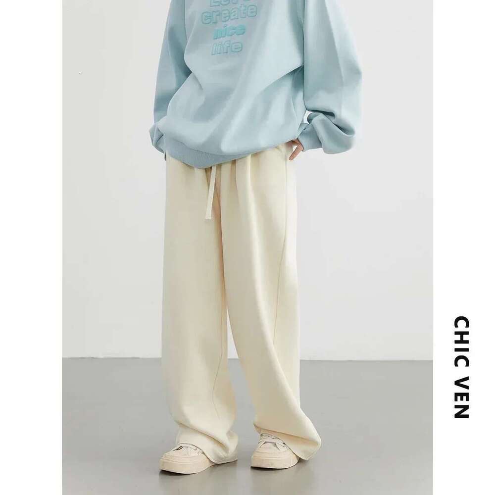CHIC VEN Women Pants New Elastic Waist Drawstring Sports Loose Female Trousers Plush Full Long Thick Pant Autumn Winter 2024
