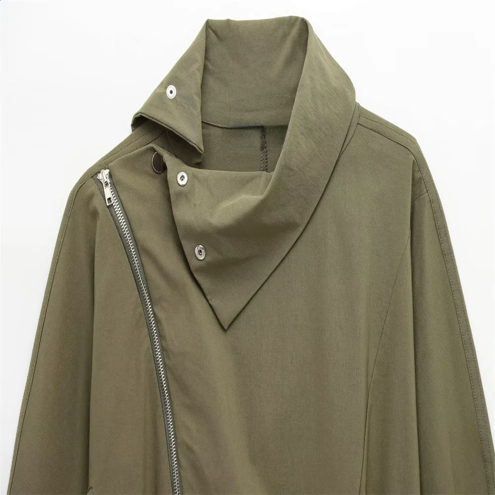 PB ZA 2025 Womens Fashion Olive Green Set Denim Neck Asymmetric Zipper Jacket Elastic Waist Wide Leg Cargo Pants 250414Z