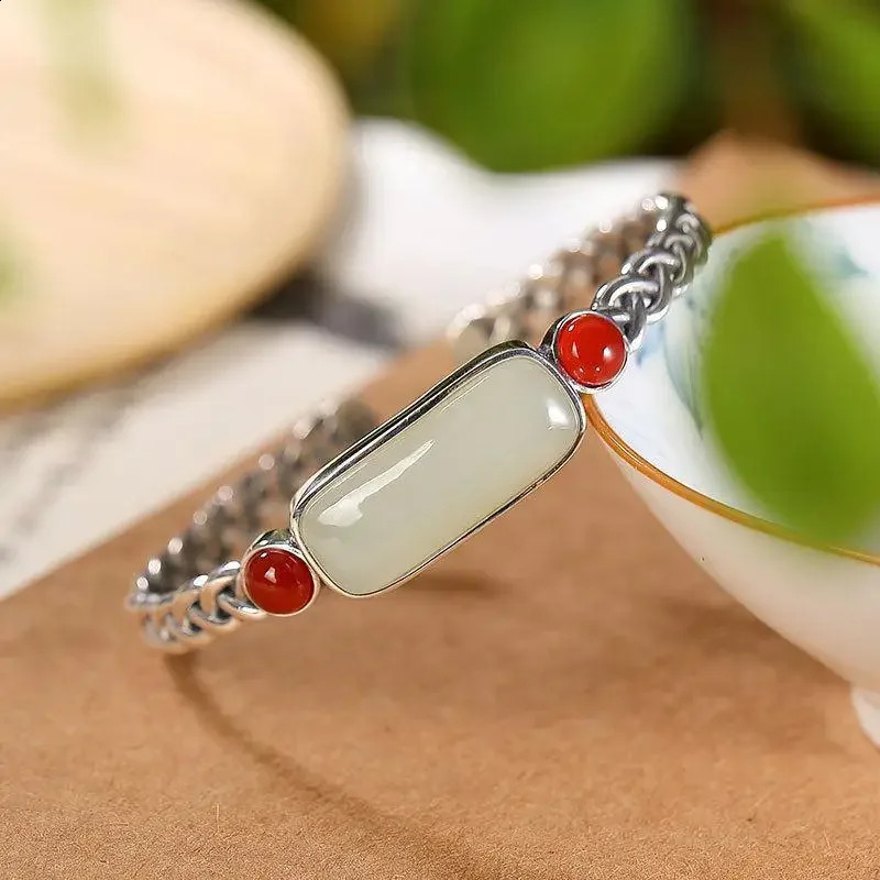 Natural an Jade Southern Red Tourmaline retro creative bracelet for women open bangles Original silver jewelry 250424