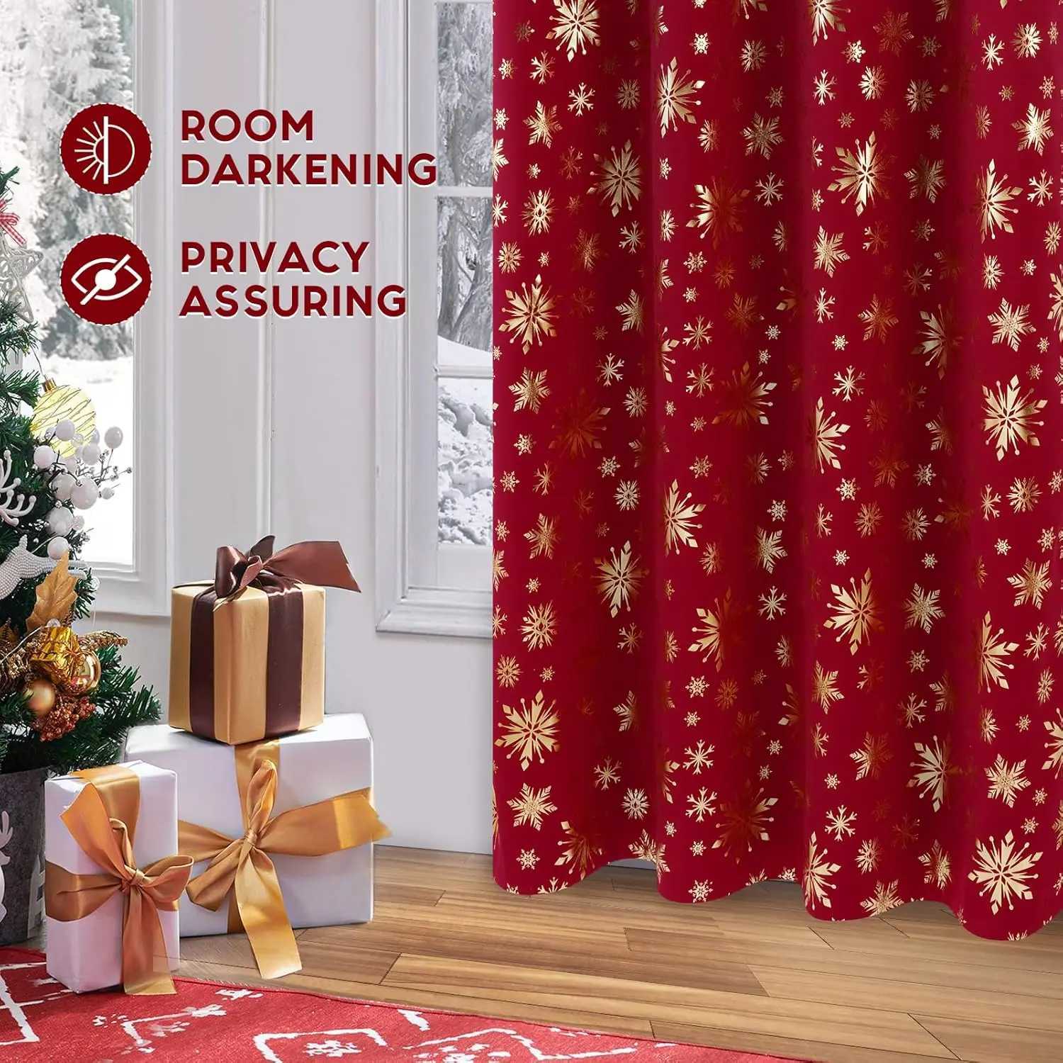 Curtain Christmas Christmas Curtains for Living Room and Bedroom Gold Tree Blackout Window Panels Red 63 Inch Length Grommet Y251126