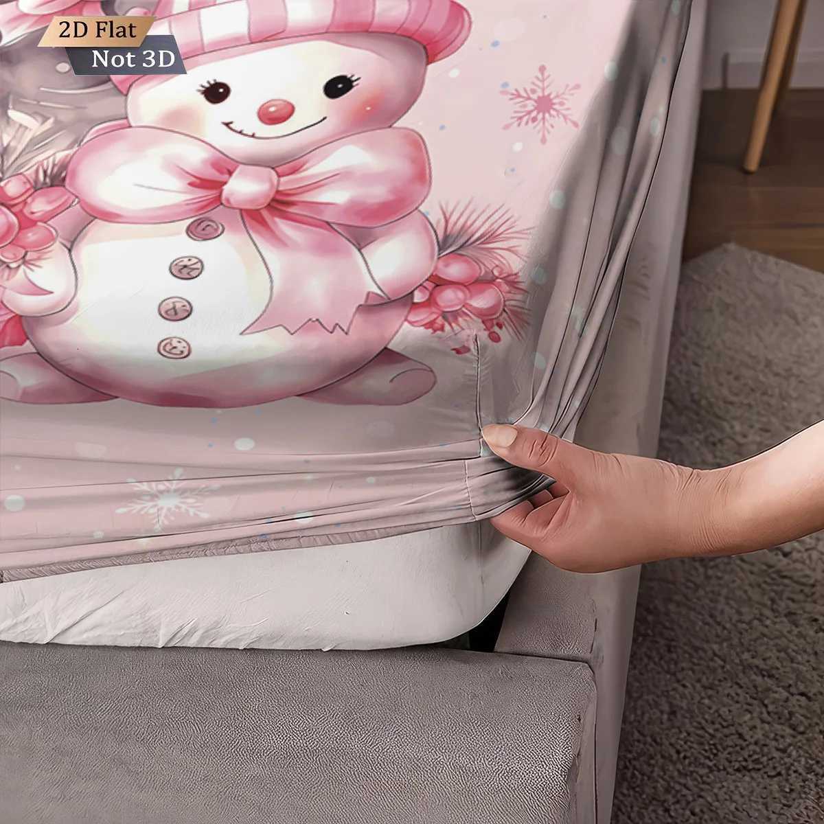 Christmas 3pcs pink Christmas snowman print coreless bed sheet set multiple sizes bed covers bedroom bedding decorations machine washable Y251126