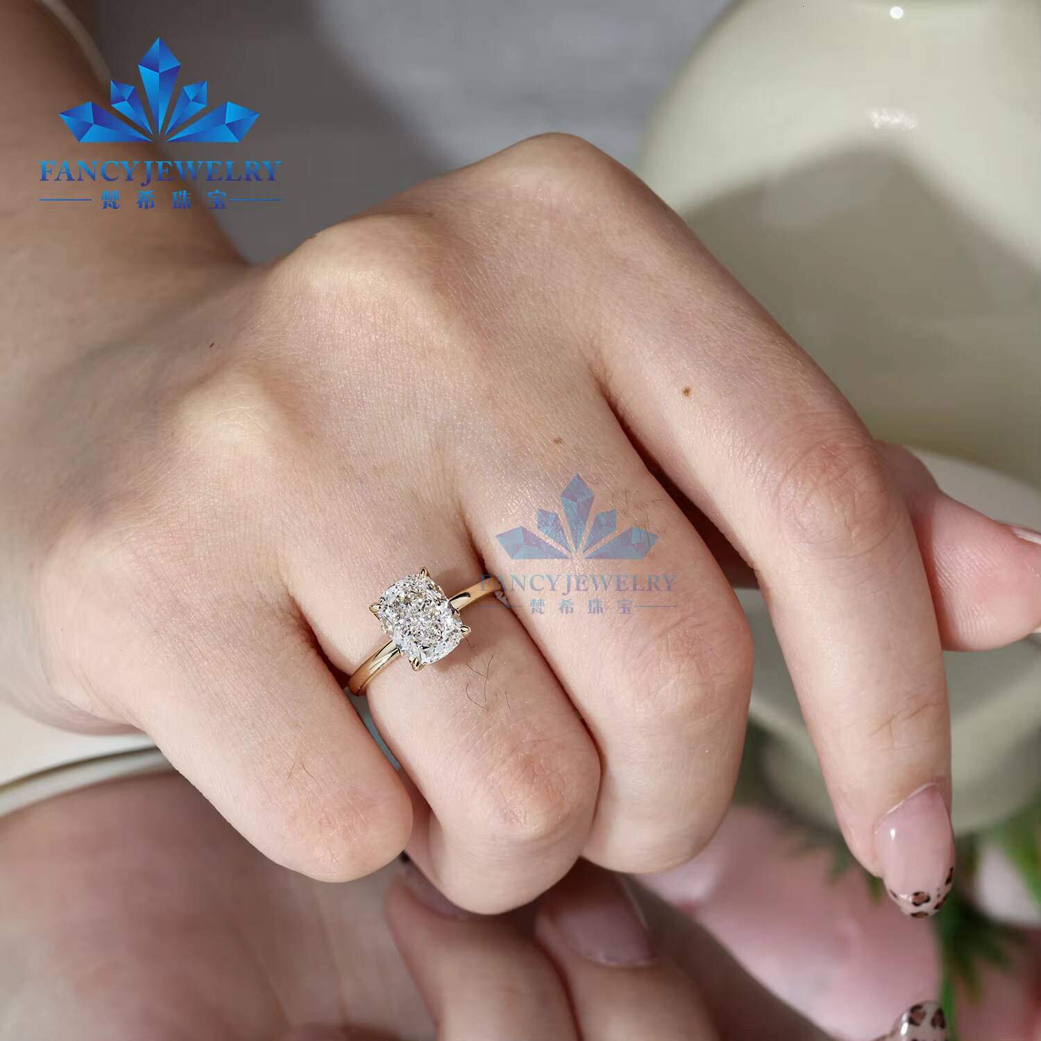 10K 14K 18K Yellow Gold 1CT 2CT 3CT 4CT 5CT IGI Cvd Hpht Cushion Shape Lab Grown Diamond Women Engagement Wedding Ring