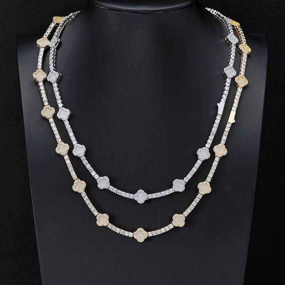 Hip Hop Jewelry 18K Gold Plated Tennis Chain Fine Jewelry for Women Four Leaf Clover Shiny CZ Diamond Tennis Chain Necklace