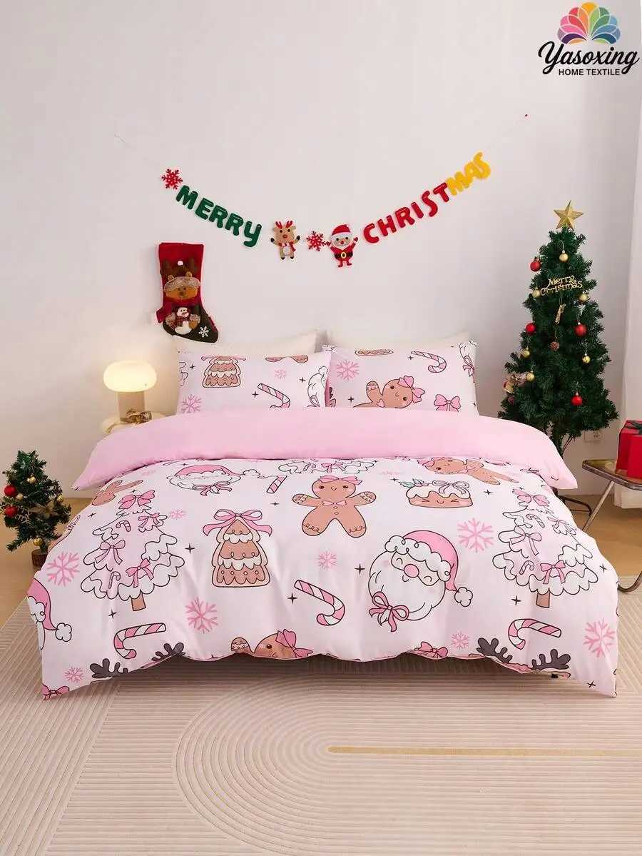 Christmas 2/3pcs Pink Christmas Snowflake Gift Gingerbread Man Pattern Reversible Color Duvet Cover Bedding Set Soft Breatheable Y251126