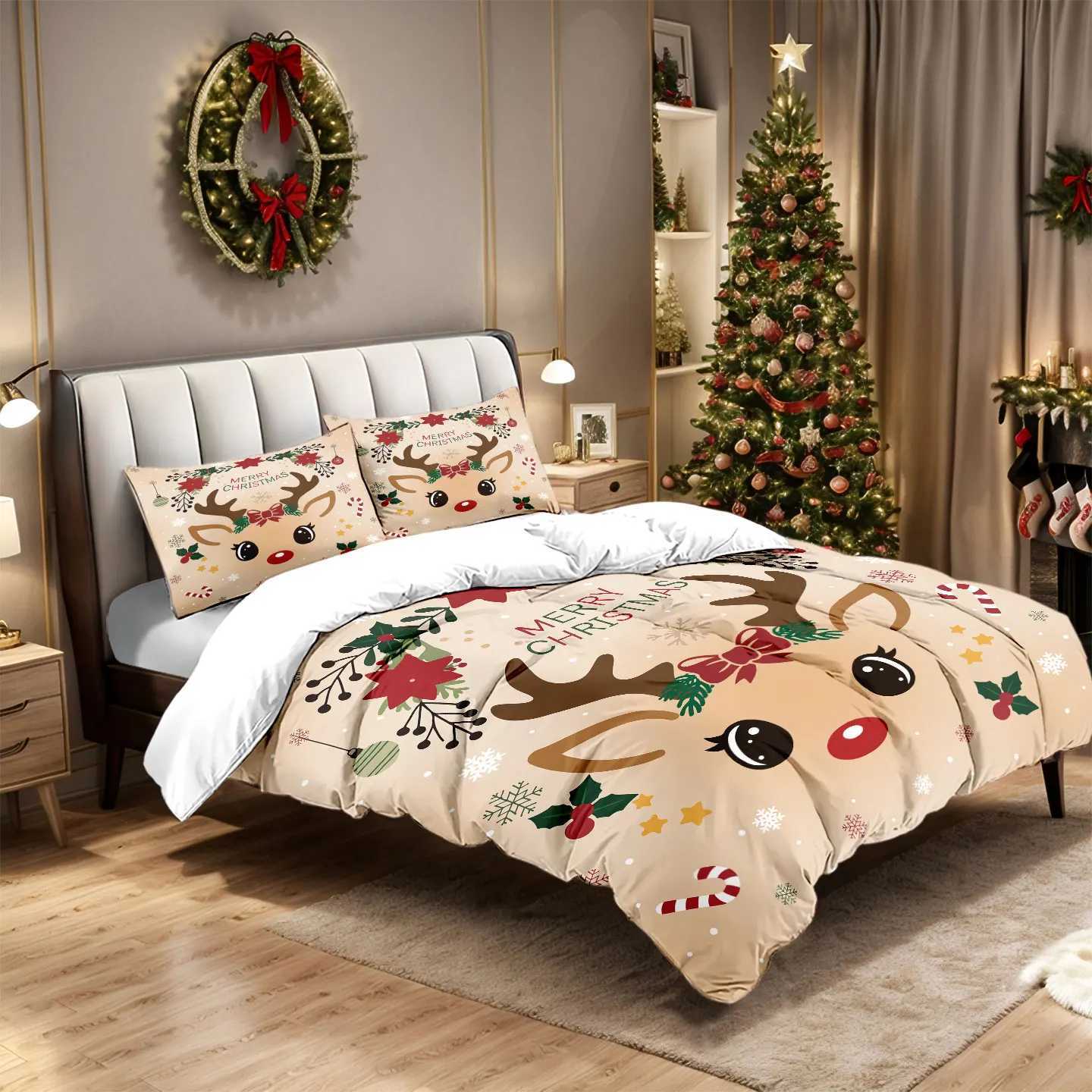 Christmas 3pcs Christmas Cute Reindeer Printed Chipless Bedding Set Multi Size Bedding Decoration for Bedrooms and Dormitories Machine W Y251126