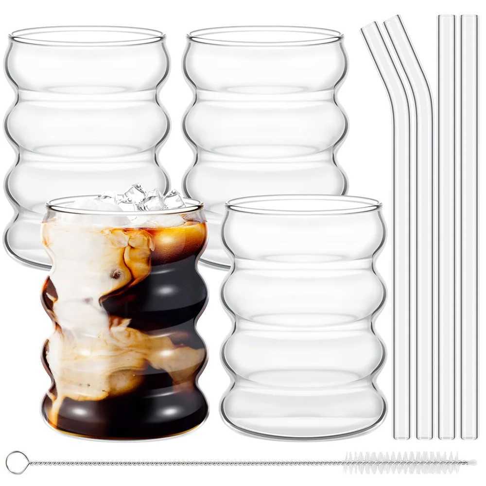 4pcs/Set Glass Cups Coffee Mug Creative Clear Drinking Glasses Ribbed Glassware Cups With Straws Set Cocktail Fruit Glass C251126