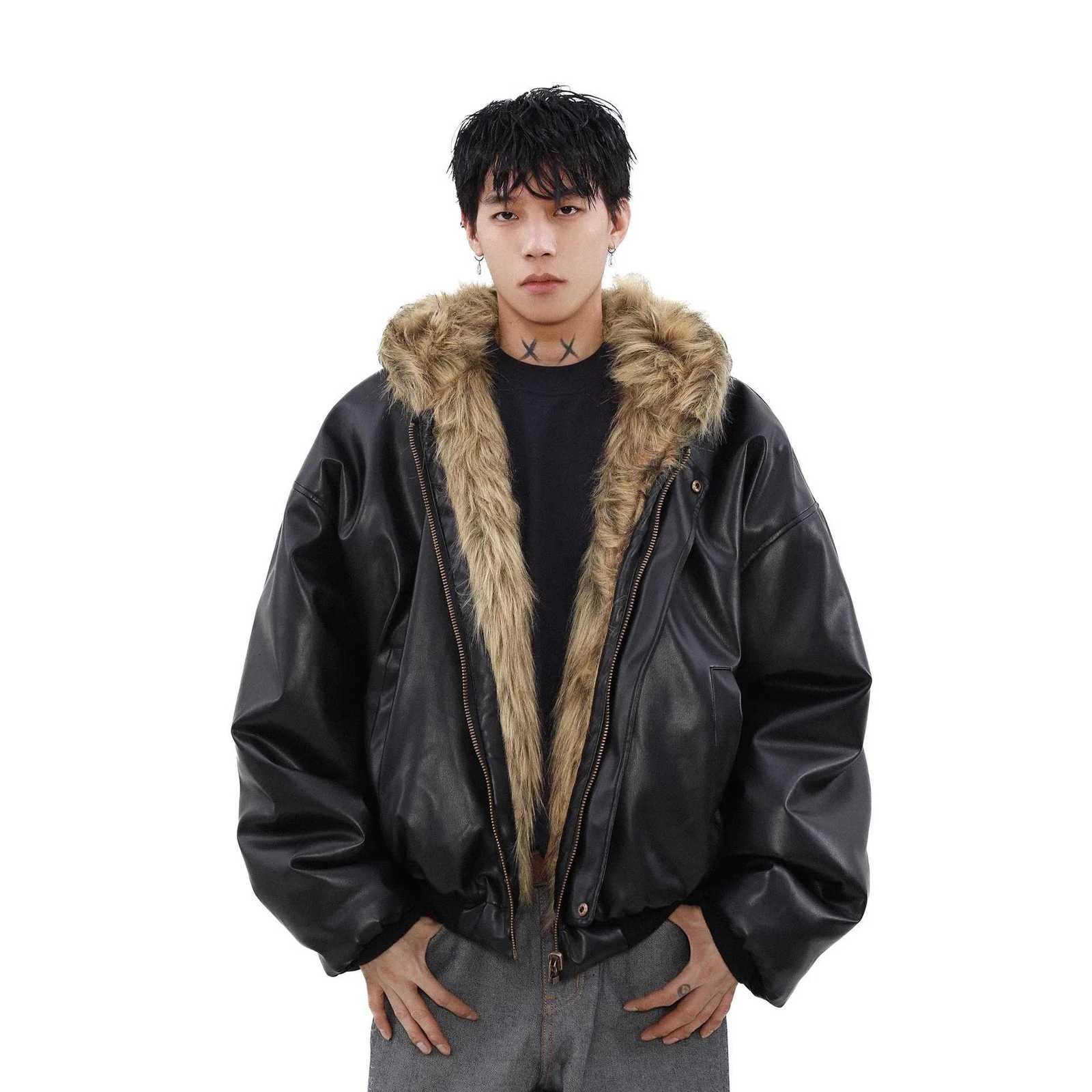 Fashion American Style Mens Padded Jackets PU Leather Reversible Faux Fur Fleece Thickened Solid Color Loose Male Coats Tide Y251125