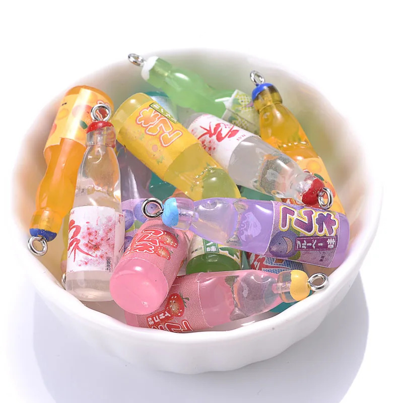 10 pieces of plastic pop cola soda beverage charm juice alcohol lemon water bottle resin pendant for jewelry making mini craft 250424