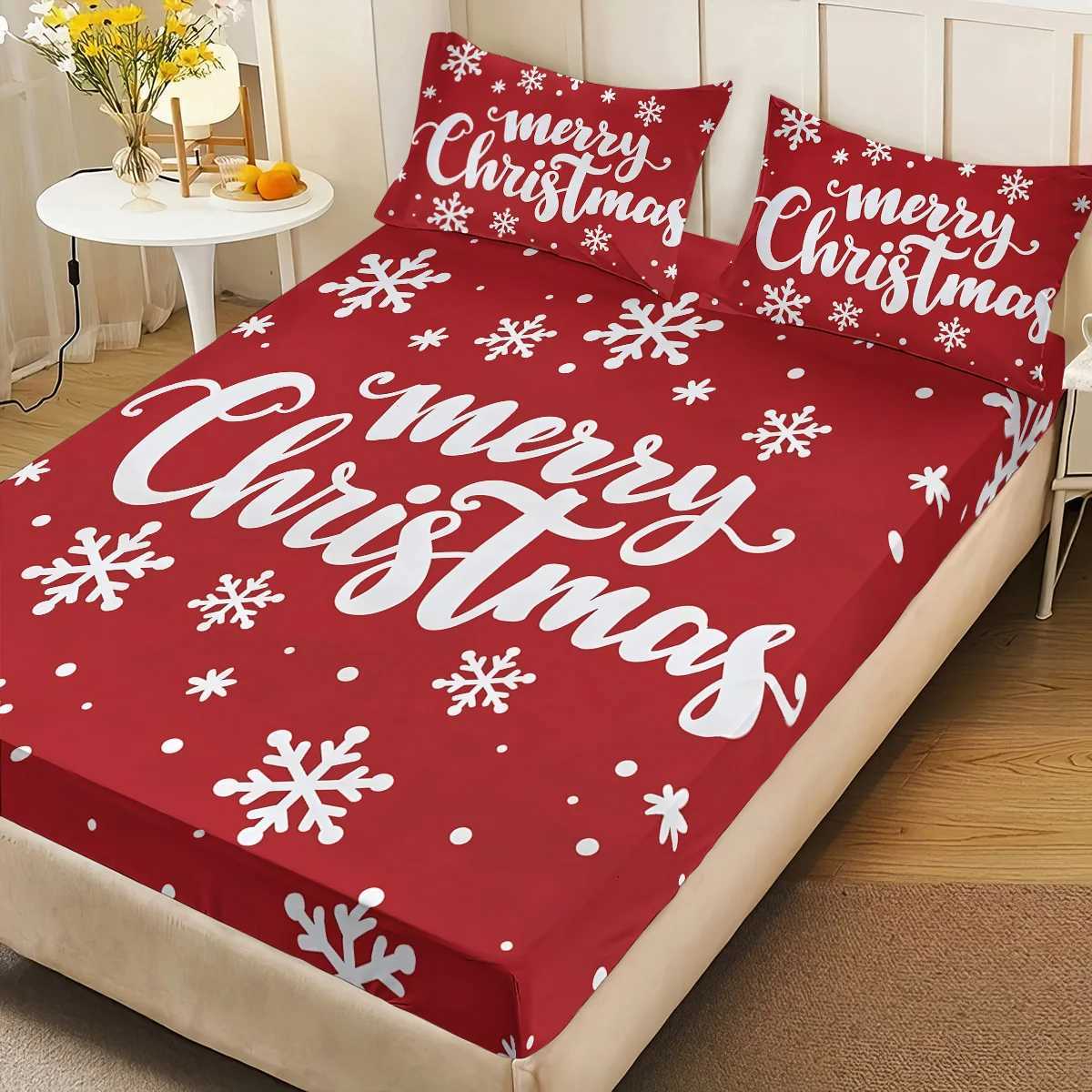 Christmas 3pcs Merry Christmas red print coreless Fitted Shee set multiple size soft bedcover bedroom bedding decorations machine washable Y251126