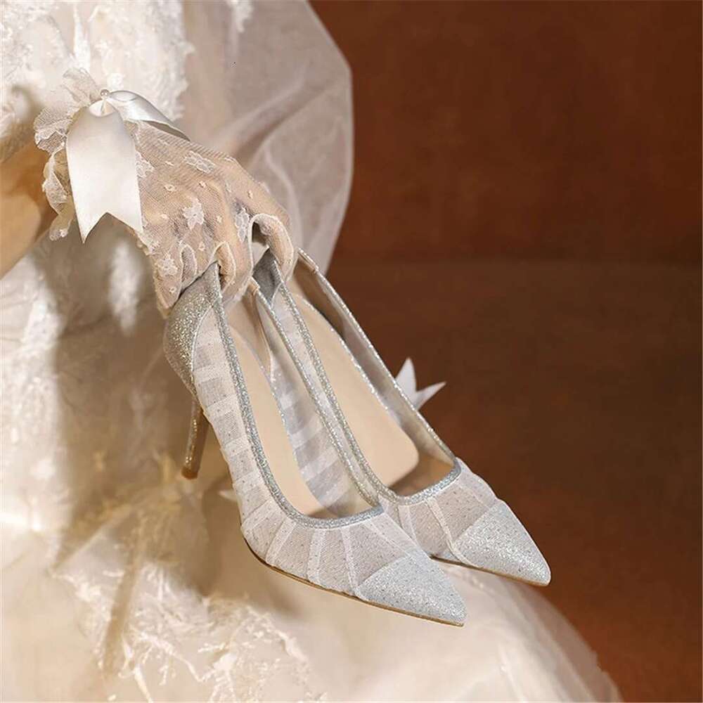 Spring and summer new pointed mesh sequin flat wedding shoes thin high-heeled banquet dress large small size women's sandal