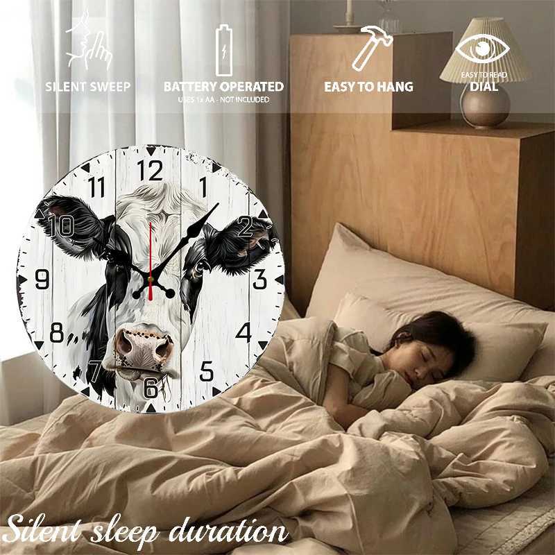 Rustic Cow Wooden Round Silent Hanging Wall Clock Suitable For Living Room Office Study Room Bedroom Home Decoration C251126