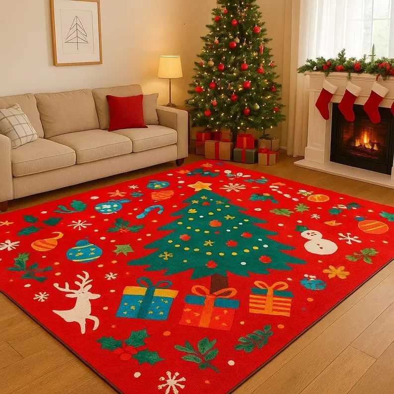 Cozy Christmas Rug Red Holiday Living Room Carpet with Tree Snowman Reindeer Design Home Decoration CarpetsM251126