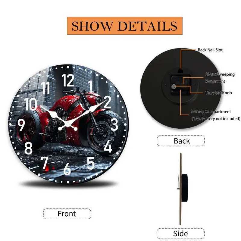 Red motorcycle against brick wall Quartz round Analog Wooden Silent Wall Clock original Perfect Christmas gift for friends C251126