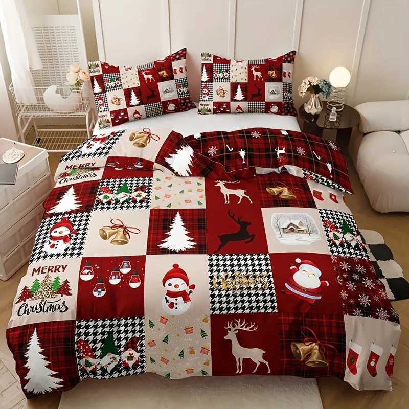 Christmas Breathable Polyester Christmas Reindeer Plaid Duvet Cover Set Includes 1 Duvet Cover and 2 Pillowcases Perfect for All Seasons Y251126
