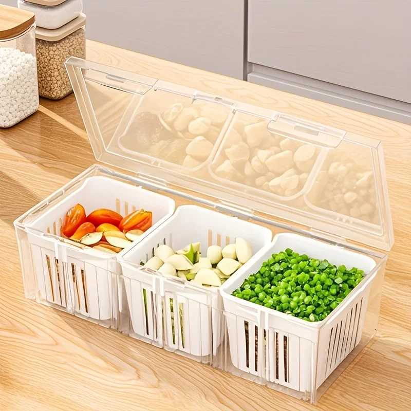 3 Compartment Food Storage Container With Lid Transparent Square Blue Drain Box For Fridge Salad Fruit Veg Condiments Reusable Y251126