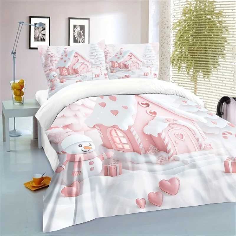 Christmas 3pcs Christmas print quilt set Pink snowman bedding romantic winter gingerbread house design soft bedroom decor heart pattern Y251126