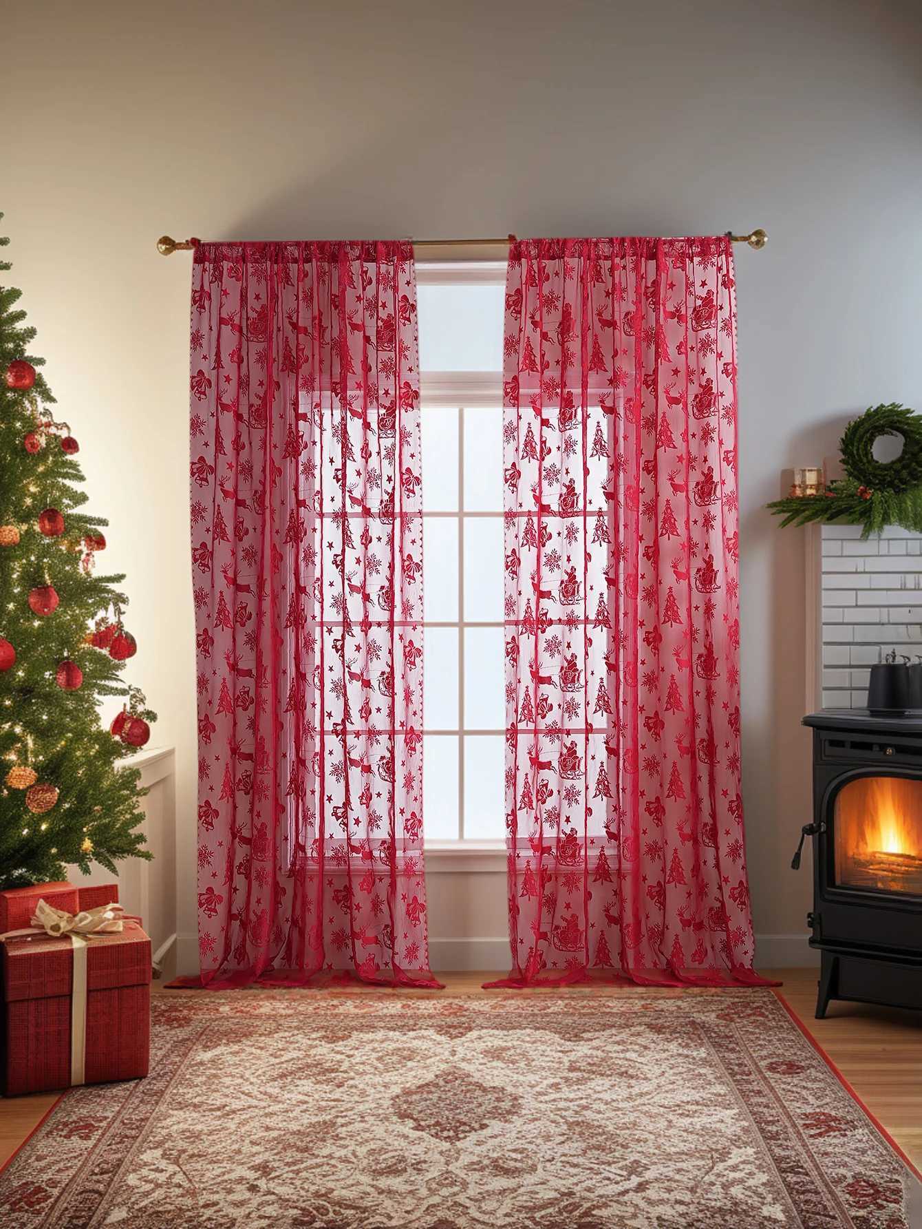Curtain Christmas American Red Lace Sleigh Santa Christmas Curtains for Living Room Bedroom Window Festive Atmosphere Decorative Y251126