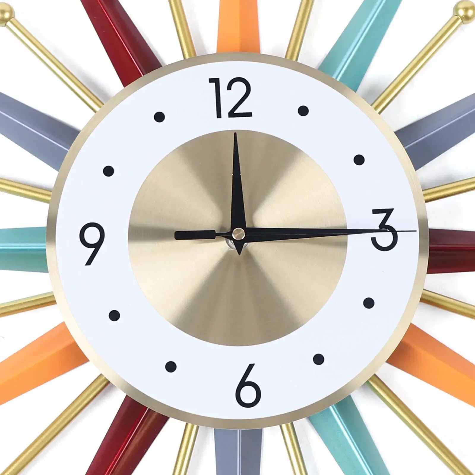 Silent Metal Large Wall Clock 22 Inch Mid Century Modern Big Colorful Sunburst Starburst Clock for Living Room Decor C251126