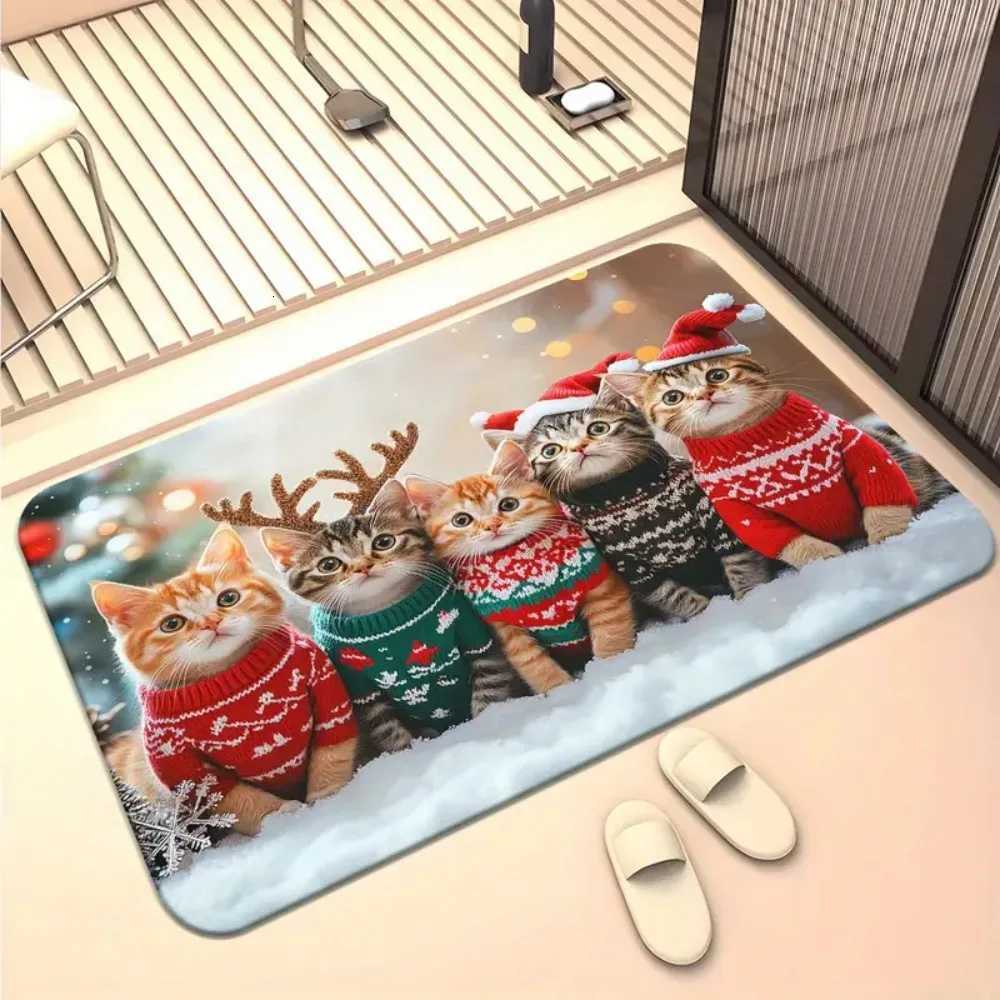 1Pc Christmas Cute Cat Print Doormat Non-Slip Microfiber Polyester Rug Machine Washable For Home Entryway Bedroom Living RoomM251126