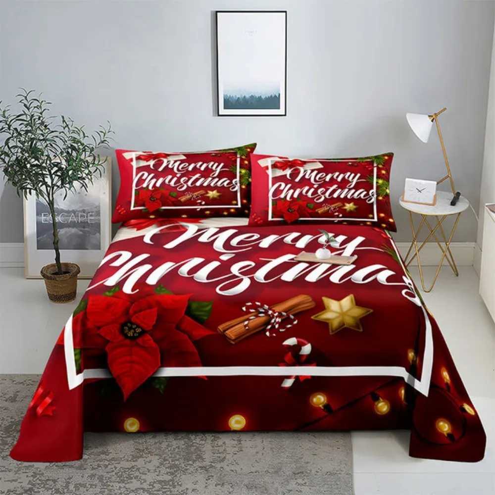 Christmas Merry Christmas Bed Sheet Set with Pillowcase 3D Print Santa Claus Home Decor New Year King Queen Full Size Red Bed Flat Sheet Y251126