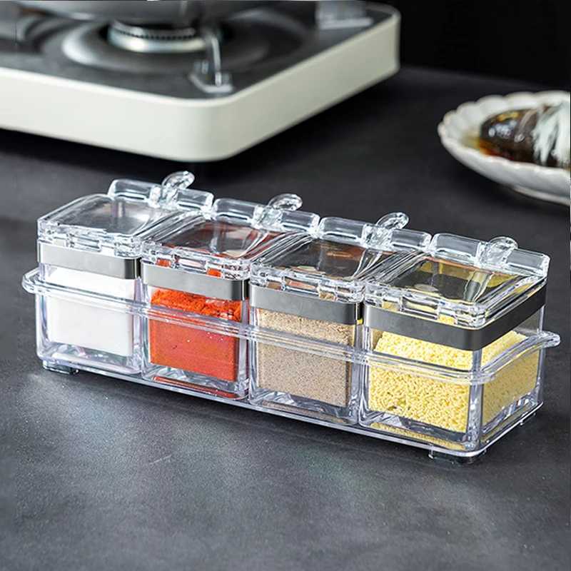 Clear Seasoning Box Set of 4 Crystal Seasoning Storage Container with Spoon Clear Seasoning Rack Spice Pots for Pepper Spice Y251126