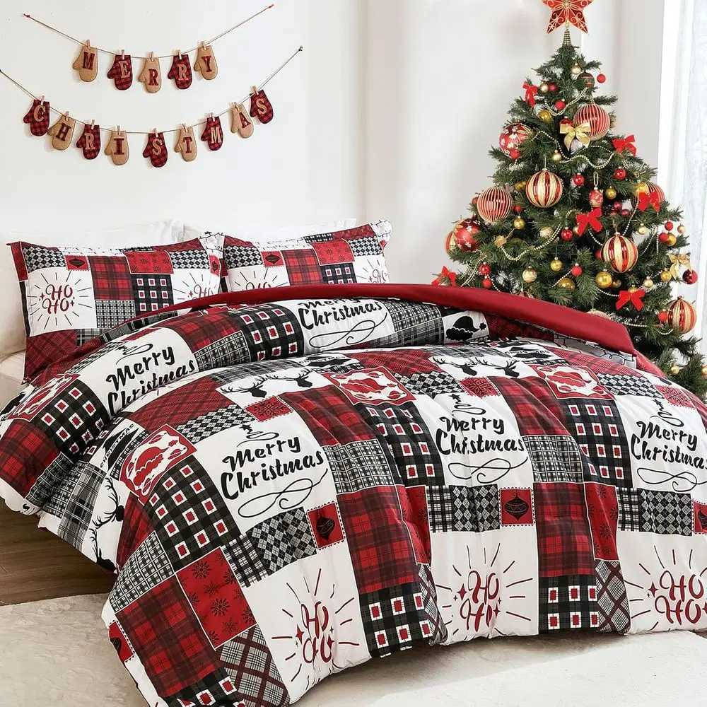 Christmas King Size Christmas Reindeer Plaid Duvet Cover Set - 3-Piece Rustic Holiday Bedding with Zipper for Fall Winter Y251126