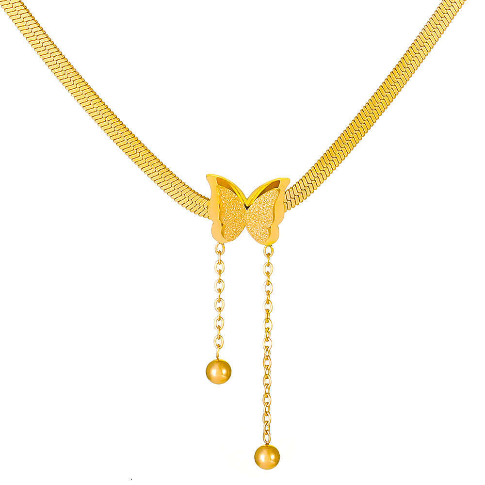 Niche stainless gold-plated frosted butterfly tassel thin chain pendant, fashionable snake bone chain, titanium steel necklace for women