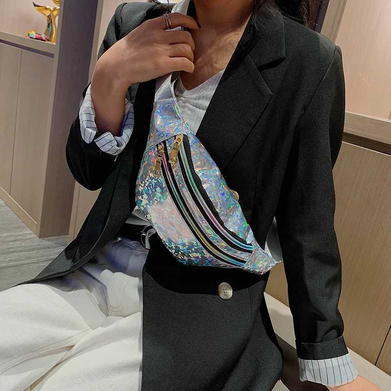 Holographic Waist Bags Women Silver Fanny Pack Female Belt Bag Black Geometric Waist Packs Laser Chest Phone Pouch Bum BagT251126