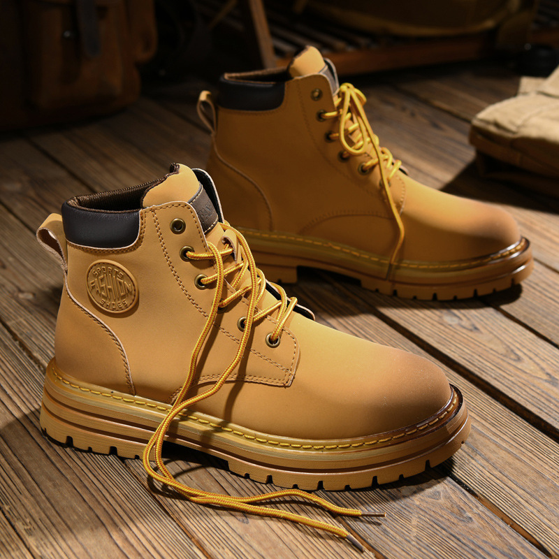 Free shipping men yellow leather casual boots lace up logo design thick soled anti slip comfortable durable versatile daily wear fashion sporty casual