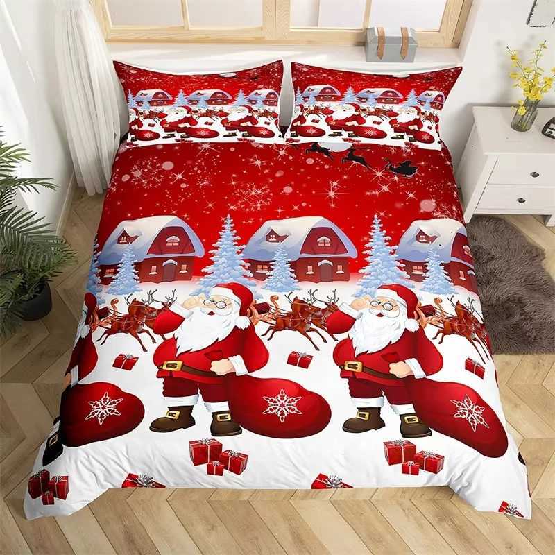 Christmas Cartoon Winter House Duvet Cover Cute Deer Animal Santa Claus Bedding Sets Christmas Theme Rustic Farmhouse Style Quilt Cover Y251126
