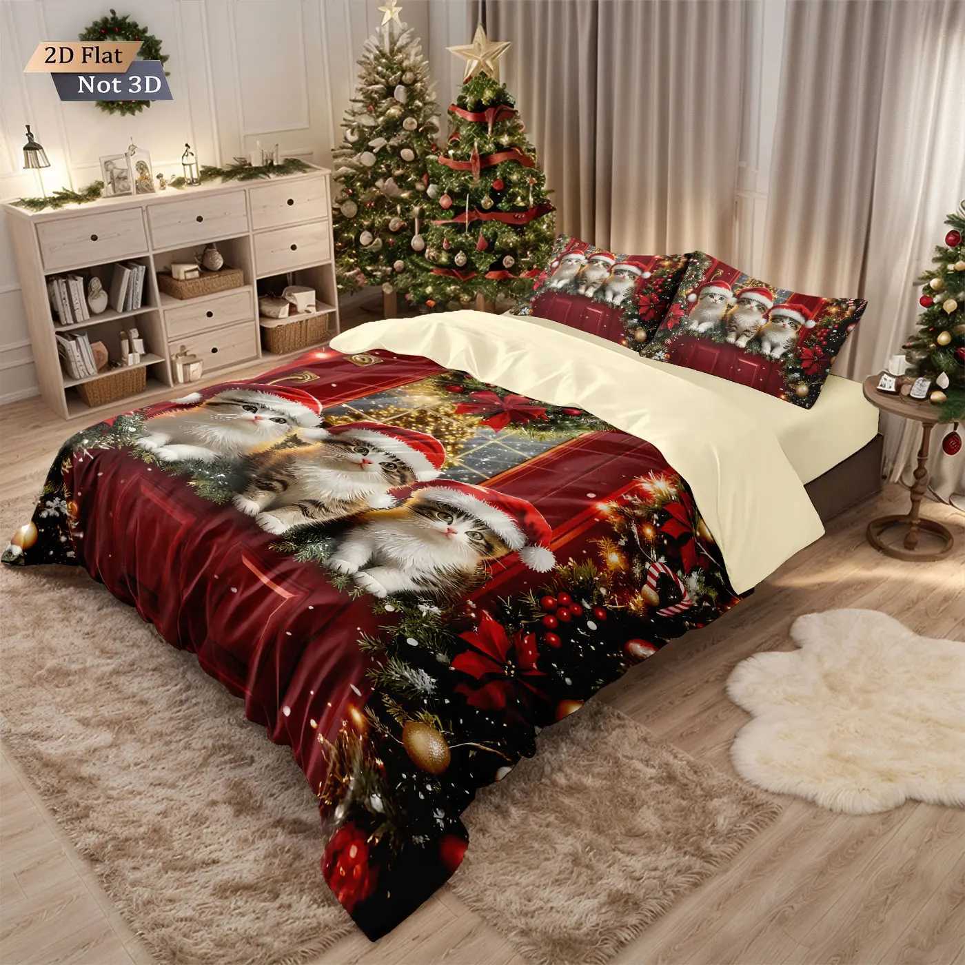 Christmas 3pcs red Christmas cat print coreless duvet set multi size bedroom holiday bedding holiday decorations machine washable Y251126