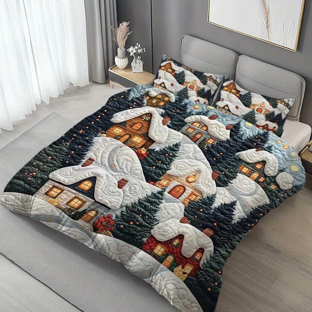 Christmas Latacaca 2/3pcs Christmas Themed Duvet Cover Set Snowy Village Bed Cover Set Festive Winter Bedding Set 1 Duvet Cover Y251126