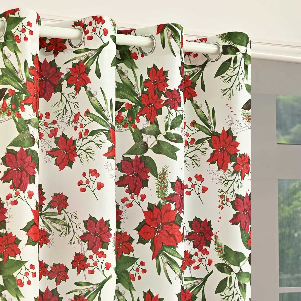 Christmas 2PCS Christmas Poinsettia Printed Grommet Curtains Suitable for Christmas Festival Curtain Decoration and Embellishment Y251126