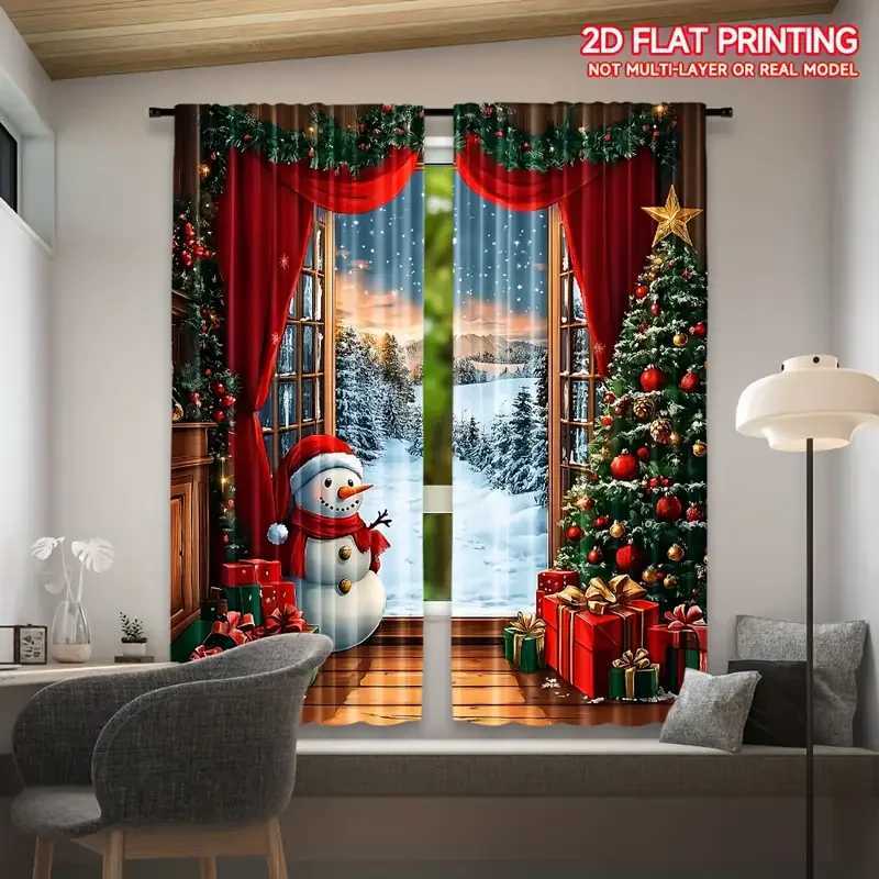 Curtain Christmas 2pcs Joyful Snowman Christmas Pattern Curtains Festive Design Light - Filtering Polyester Curtains for Christmas Home Windows Y25112