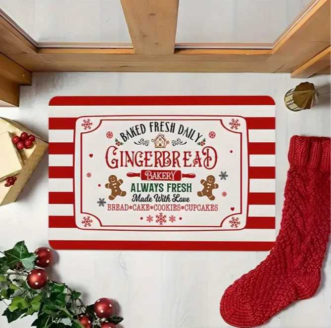 Holiday Gingerbread Man Doormat Red and White Stripes Soft Home Suitable Entrance Bedroom Kitchen Christmas Holiday DecorationM251126