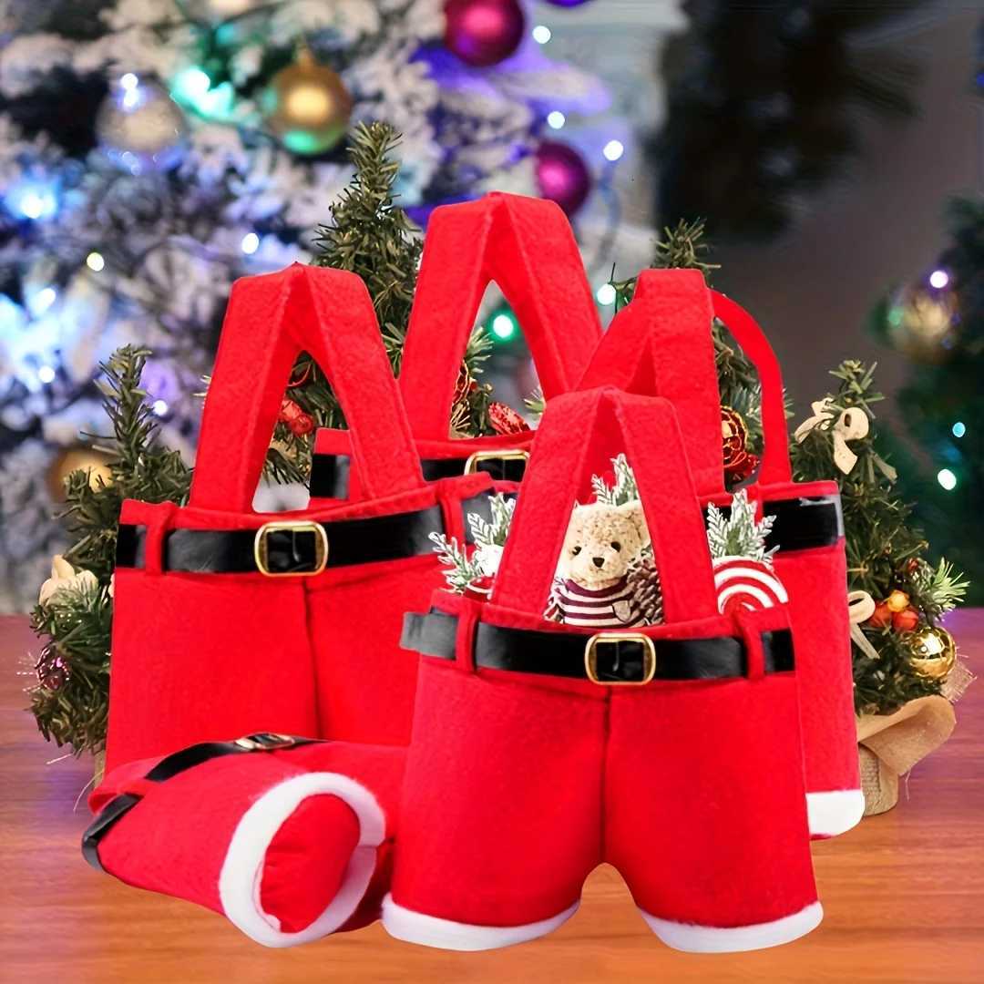 6pcs Red Non-Woven Fabric Christmas Gift Bags with Santa Claus Shorts Design Holiday Gift Wrapping Decorations Y251126
