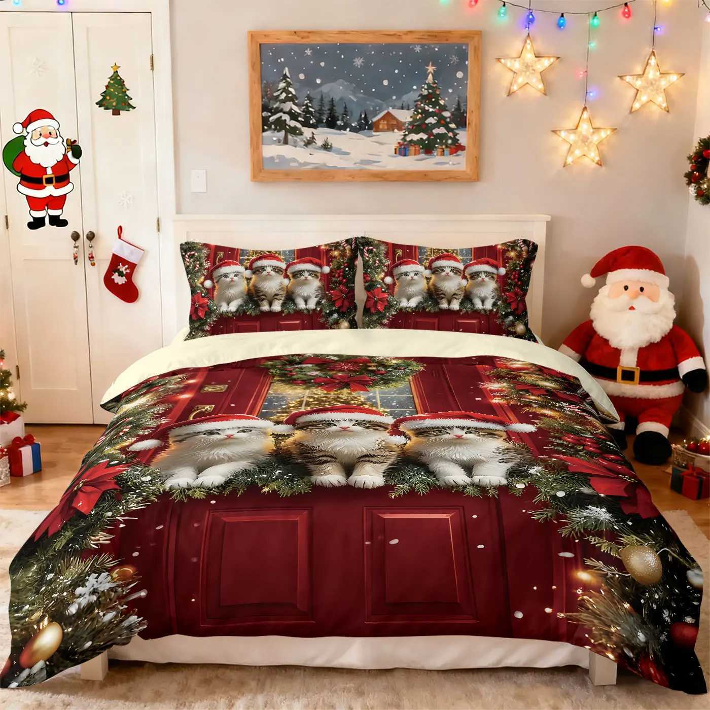 Christmas 3pcs red Christmas cat print coreless duvet set multi size bedroom holiday bedding holiday decorations machine washable Y251126