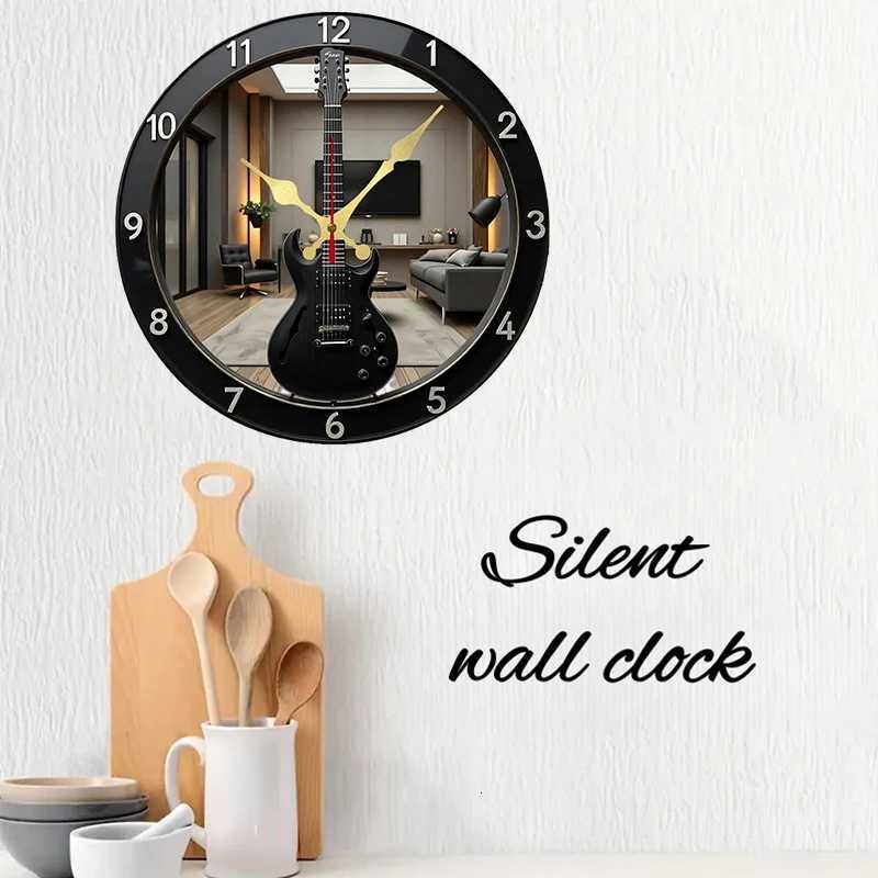 Electric Guitar-Shaped Wooden Round Silent Hanging Wall ClockSuitable For Living RoomOfficeStudy RoomBedroomHome Decoration C251126