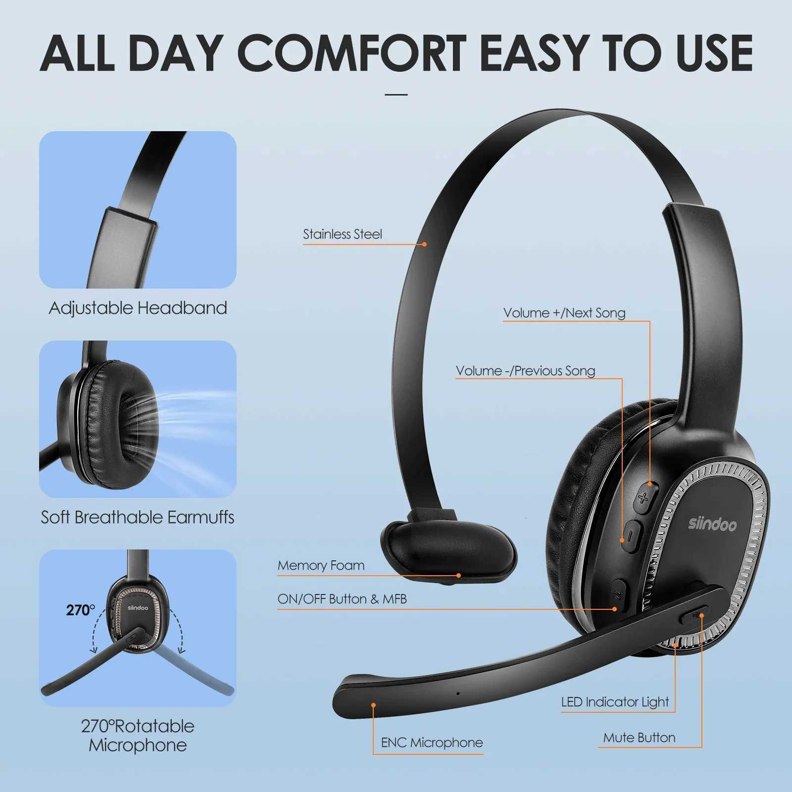 Siindoo 2PCS JH-101 Wireless Call Center Headset with Mic Noise Canceling Headphones with 50H Talking Time For Office Work VideoM251126