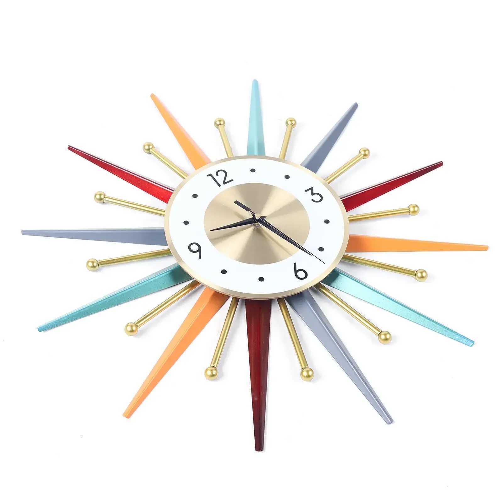 Silent Metal Large Wall Clock 22 Inch Mid Century Modern Big Colorful Sunburst Starburst Clock for Living Room Decor C251126